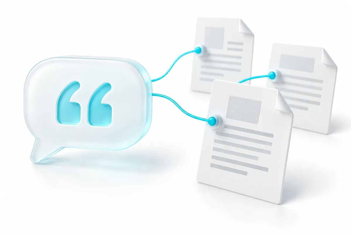 A conversation bubble connected to its source documents, illustrated in white and turquoise.