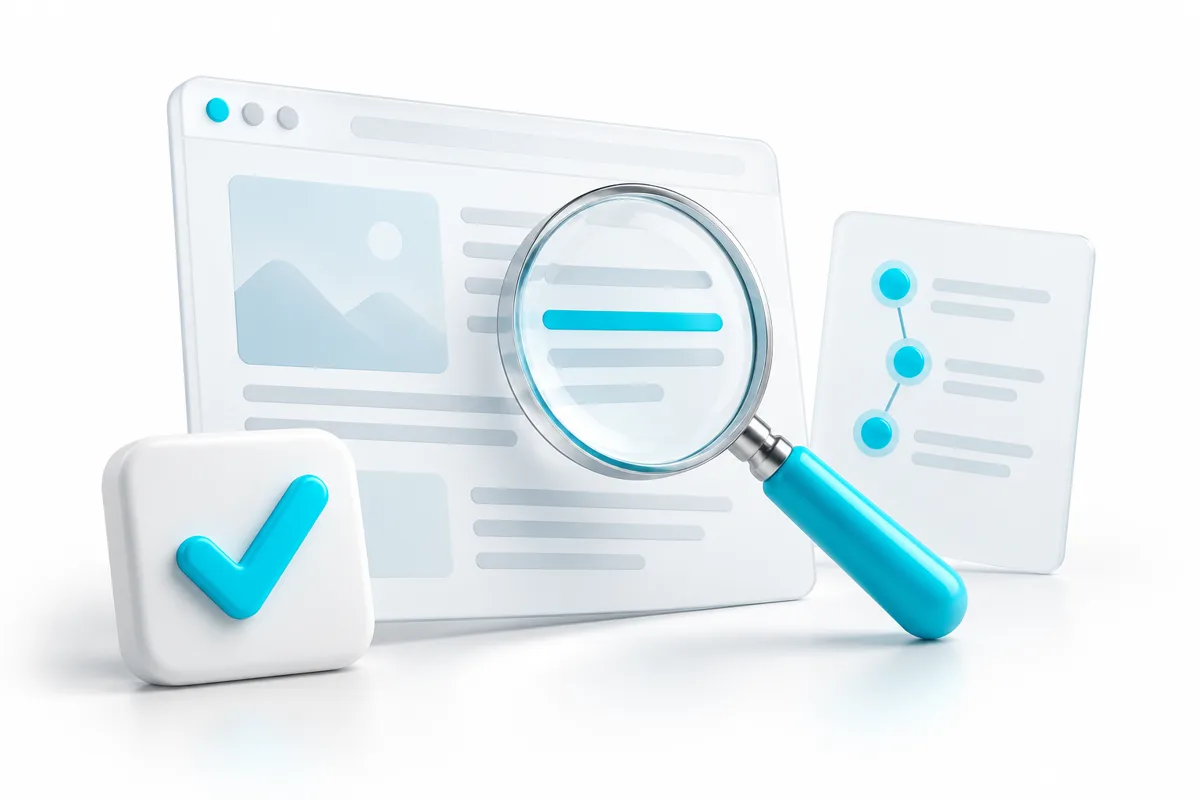 A glass magnifying lens inspecting a webpage beside an evidence sheet and turquoise checkmark.
